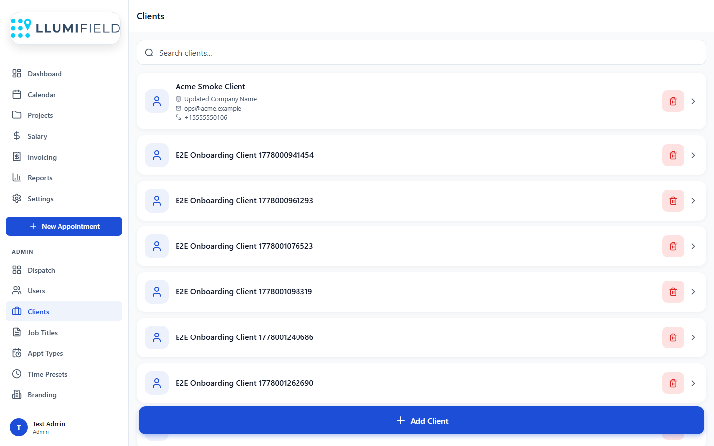 LLUMIFIELD clients list with contact details and quick actions
