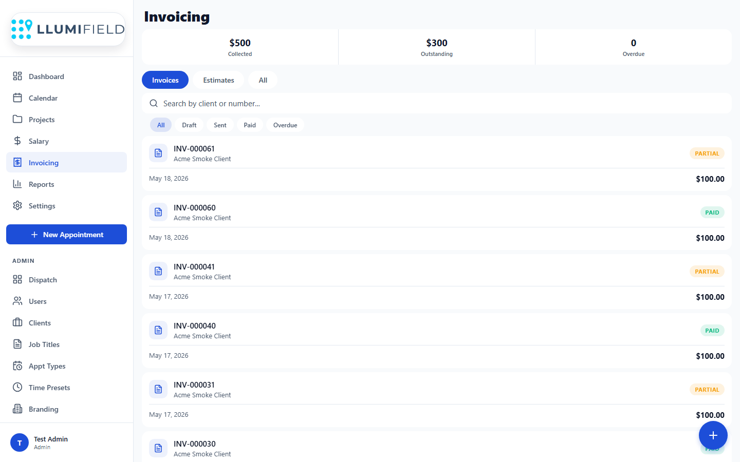 LLUMIFIELD invoicing list with paid and partial badges