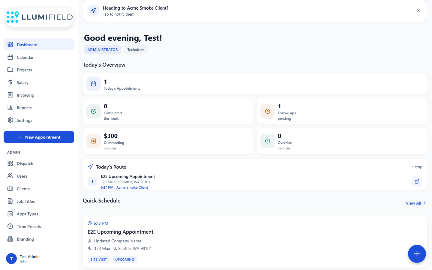 LLUMIFIELD dashboard with today's overview, route, and upcoming appointment